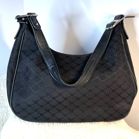 Vintage Black Etienne Aigner Hobo Bag with Monogram Print and Clasp - Picture 4 of 16